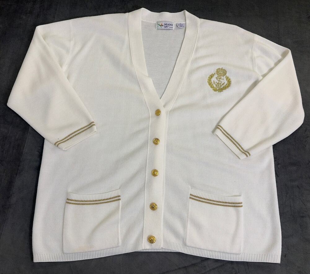Vintage Paradise Bay Plus White & Gold Acrylic Knit Cardigan 2x Sweater Crest